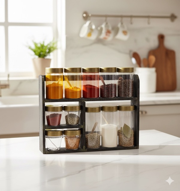 Wooden Spice Rack With Bottles