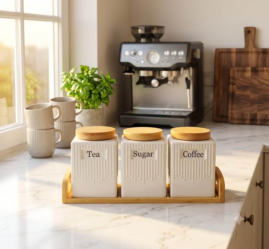 3 In 1 Ceramic Canister Set With Wooden Tray